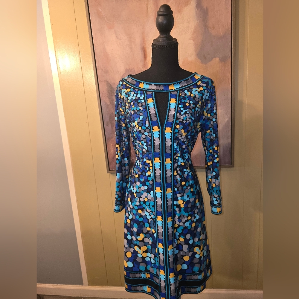 BCBG Blue Multi-Color Long Sleeve Patterned Dress